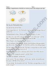 The sun and the wind. The Sun The Wind And The Rain Esl Worksheet By Annmasarwa