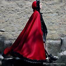 Halloween Red Hooded Wedding Cape Long Jacket Cloak Bridal Bolero Women Wrap Shawls Medieval Vestios With Black Ruffle Edge
