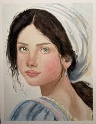 Watercolor Portrait of a Young Lady with Green Eyes