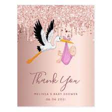 Baby Shower Rose Gold Glitter Drip Stork Thank You Postcard Zazzle Com Baby Shower Roses Pink Baby Shower Invitations Shower Rose