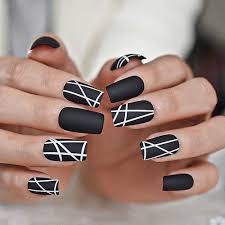 Square nails are easy to do, here's a tutorial by kelli marissa: Black Geometric Press On Nails Stiletto Nails Square Nails Acrylic Nails Fake Nails Nails Sold By Nail Fusion Design On Storenvy