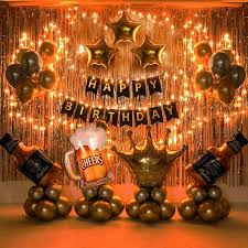 How to make a surprise birthday decoration for your husband? Party Propz Happy Birthday Banner Decoration Kit 63pcs Set For Boys Husband Balloons Decorations Items Combo With Cheers Foil Balloon Crown Foil Age Perfect Metallic Balloons With Fairy Light Amazon In