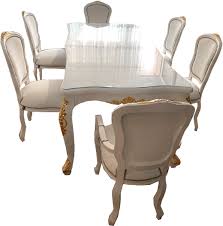 Casa Padrino Luxury Baroque Dining Set White Gold 1 Dining Table With Glass Top And 6 Dining Chairs With Faux Leather Made In Italy Luxury Collection 5 pieces dining table white glass table and 4 chairs faux leather dinning set.