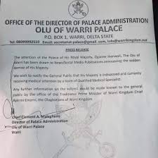The palace of the olu of warri, his majesty ogiame ikenwoli, has denied earlier reports that the monarch died on monday, december 21, 2020. Olu Of Warri Is Indisposed And Receiving Medical Care Palace Director Says Awoofblog