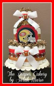 San Francisco 49ers Diaper Cake Sf San Francisco 49ers Diaper Cake Diapers Baby Show Sports Baby Shower Theme Sports Baby Shower Baby Shower Decorations