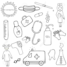 Visiting a doctor is always a slightly alarming aspect. Medical Set Collection Of Healthcare Elements For Web Design Vector Illustration Coloring Book For Children Contour On An Isolated Background Health Topics Doodle Style Sketch Lettering Royalty Free Cliparts Vectors And Stock