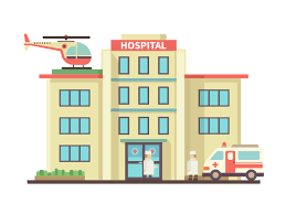 Hospital Building Flat Style Ambulance And Helicopter Health And Care Aid And Doctor Vector Il Hospital Architecture Building Illustration Cartoon Building