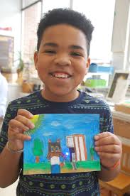 These fourth grade students combined their knowledge of copper wire  circuits and artistic talents to create a light up art project with LED  lights.