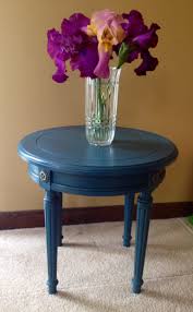 antique side table painted with annie sloan chalk paint in aubusson blue clear and dark waxed distressed