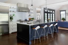 Navy Blue Kitchen Island With Onda Barstools Contemporary Kitchen White Kitchen Navy Island Blue Kitchens Blue Kitchen Island