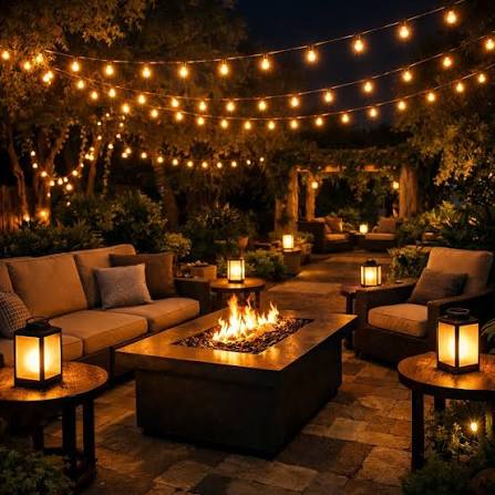 Don't let the sunset end your patio time! The secret to a magical evening  space is layered lighting. Combine overhead string lights for general  visibility, a fire feature for warmth and a