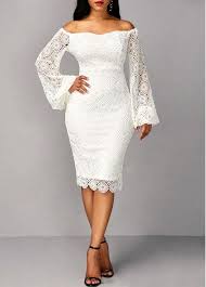 Long Sleeve White Off The Shoulder Sheath Dress Rosewe Com Usd 35 78 White Sheath Dress Women Lace Dress Knee Length Prom Dress