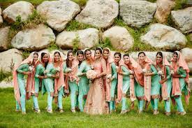 Punjabi Wedding Mint And Coral Theme Punjabibride Bridesmaids Pajamisuits Indian Bridesmaids Bridesmaid Suits Indian Bridal Party