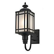 Addington Park 1 Light Mission Style Outdoor Wall Sconce With Frosted Glass And Curved Arm Black 31746 The Home Depot