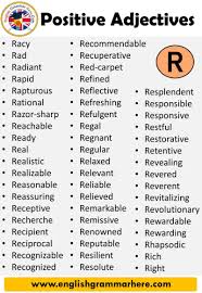Positive Adjectives That Start With R Racy Rad Radiant Rapid Rapturous Rational Razor Sharp Reachable Ready Res In 2020 Positive Adjectives Adjectives Describing Words
