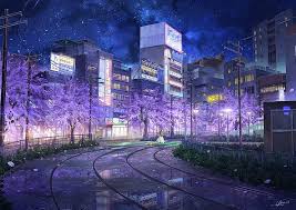 Cities at nighttime always look much more peaceful to me. Anime City Sakura Blossom Railway People Buildings Night Anime Hd Wallpaper Peakpx