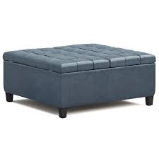 Blue leather tufted coffee table. Simpli Home Harrison 36 Inch Wide Traditional Square Coffee Table Storage Ottoman In Denim Blue Faux Leather Walmart Com Walmart Com