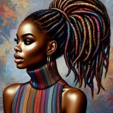Prompt: Create a close up, side facing view, Oil painting airbrush, wet  ink, colorful effect of an African American woman with her hair styled in  long, voluminous dreadlock updo. She is wearing