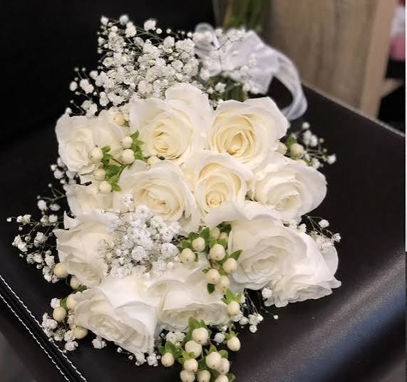 Elegant White Long Stem Rose and Baby Breath Bridal Flower Bouquet