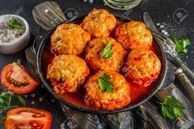They can be served with mashed cauliflower and green beans (my current favorite), or saved for quick and healthy lunch meal prep with roasted veggies. Homemade Chicken Meatballs In Tomato Sauce In A Frying Pan On Dark Stone Or Concrete Table Top View Copy Space Stock Photo Picture And Royalty Free Image Image 128997831