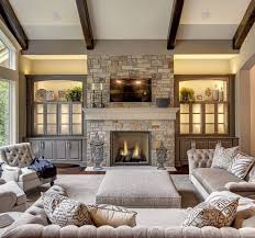 Strategic furniture arranging can make particularly long or large living rooms feel cozy and intimate. Fireplace Living Room Farm House Living Room Family Room Design Rustic Living Room
