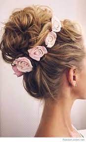 High Messy Bun With Pink Roses Wedding Hair Inspiration Long Hair Styles Hair Inspiration