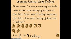 Use addition and subtraction within 20 to solve word problems involving situations of adding to, taking from, putting together, taking apart, and comparing, with unknowns in all positions, e.g., by using objects, drawings, and equations with a symbol for the unknown number to represent the problem. Unknown Addend Story Problems Youtube