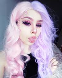 Half Pink And Half Lavender Hair Color Wavy Wig Half And Half Hair Lavender Hair Colors Split Dyed Hair