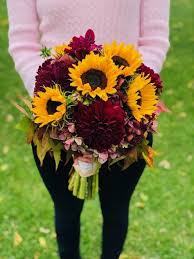 Amazing background with daisies and sunflowers. Fall Wedding Bridal Bouquet With Sunflowers Dahlias And Antique Hydrangea Fall Wedding Bridal Bouquets Bridal Bouquet Fall Wedding Bridal Bouquets