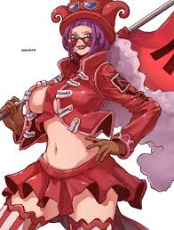 aosora2823, belo betty, one piece, commentary, highres, 1girl, artist name,  blue eyes, breasts, brown gloves, flag, gloves, goggles, goggles on  headwear, hat, holding, holding flag, large breasts, long sleeves, looking  at viewer,
