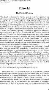 Editorial: The death of distance: American Journal of Distance Education:  Vol 9, No 3