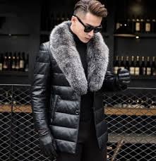 Men Large Fox Fur Collar Leather Coat 90 Duck Down Jackets Thicken Outwear Sz Unbranded Basiccoat Mens Fur Coat Winter Outwear Mens Outfits
