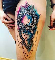Mandala Watercolor Combination On Leg At Tattoo Anansi Munich Www Tattooanansi De Tattoos Art Tattoo Color Tattoo