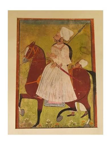 P-354, This artwork appears to be a hand-painted traditional Indian miniature painting on vintage-style paper, depicting a royally decorated stallion in the classic Rajasthani or Mughal style. DM if interested or for