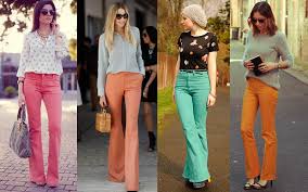 Resultado de imagem para calça flare colorida looks