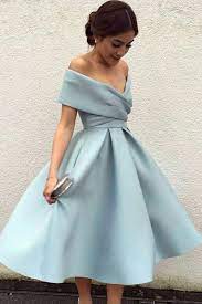 Dance the night away in style in one of our short prom dresses! A Line Off The Shoulder Tea Length Sleeveless Homecoming Dress Light Blue Satin Prom Dress N184 Knee Length Prom Dress Vintage Homecoming Dresses Cheap Homecoming Dresses