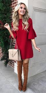 Red Bell Sleeve Dress Christmas Outfits Women Fashion Cute Christmas Outfits