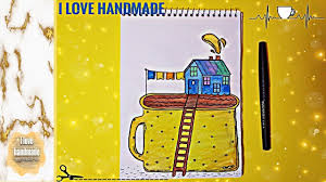 draw cup of coffee with tiny house inside رسم منزل صغير فوق فنجان قهوة my love handmade