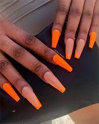 Add some rhinestones for a shiny finish. Cute Neon Orange Nails On Dark Skin In Summer 2019 Orange Acrylic Nails Aycrlic Nails Cute Acrylic Nails