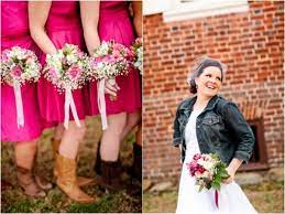 Bridesmaid Dresses And Cowboy Boots Bride Paired A Denim Jean Jacket With Her Wedding Dre Hot Pink Bridesmaid Dresses Denim Wedding Wedding Bridesmaid Dresses