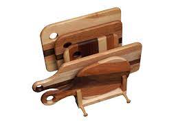 Set of 2 handcrafted natural wooden cutting boards made from a solid piece of oak using an old technique called charing. Amish Made 5 Piece Wood Cutting Board Set With Stand