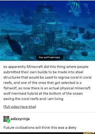 So Apparently Minecraft Did This Thing Where People Submitted Their Own Builds To Be Made Into Steel Structures That Would Be Used To Regrow Coral In Coral Reef In 2020 Stupid