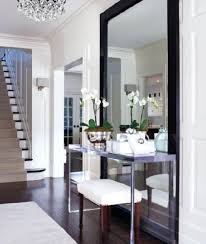 Beautiful Entrance Orchid Dark Wood Floors Acrylic Console Table Chandelier Large Mirror Home House Interior Interior