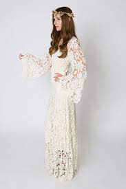 Vintage Inspired Bohemian Wedding Gown Bell Sleeve Lace Crochet Ivory Or White Hippie Wedding Dress Boho Embroidered Maxi Lace Dress In 2021 Bohemian Wedding Gown Wedding Gown Bell Sleeves Wedding Dresses Vintage