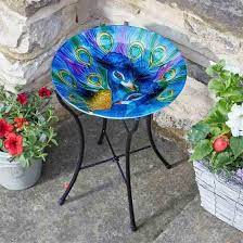 S Garden Peacock Glass Birdbath 503