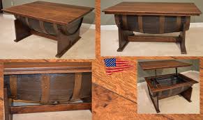 A whiskey barrel coffee table can be used to continue the theme with half a wine barrel complete with metal sleeves and a solid top added. Amish Barrel Coffee Table Jasen S Fine Furniture Since 1951