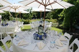 Reception Tables With White Patio Umbrellas Scattered Between Them A Wonderful Garden Party Look Plus Th Round Patio Table Best Patio Umbrella Patio Umbrella