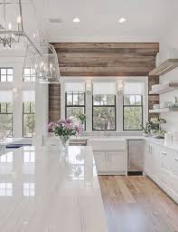 White Gloss Kitchen Island Natural Wood Plank Feature Wall Decor Modern Farmhouse Kitchens Farmhouse Kitchen Decor Home Decor