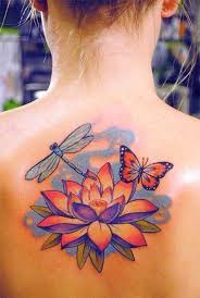 Lotus Flower With Butterfly And Dragonfly Tattoo On Girl Upper Back Dragonfly Tattoo Dragonfly Tattoo Design Water Lily Tattoos