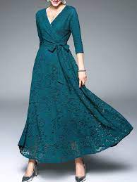 Green V Neck Tie Waist Maxi Dress Shein Sheinside Lace Dress Casual Maxi Dress Maxi Dress Party